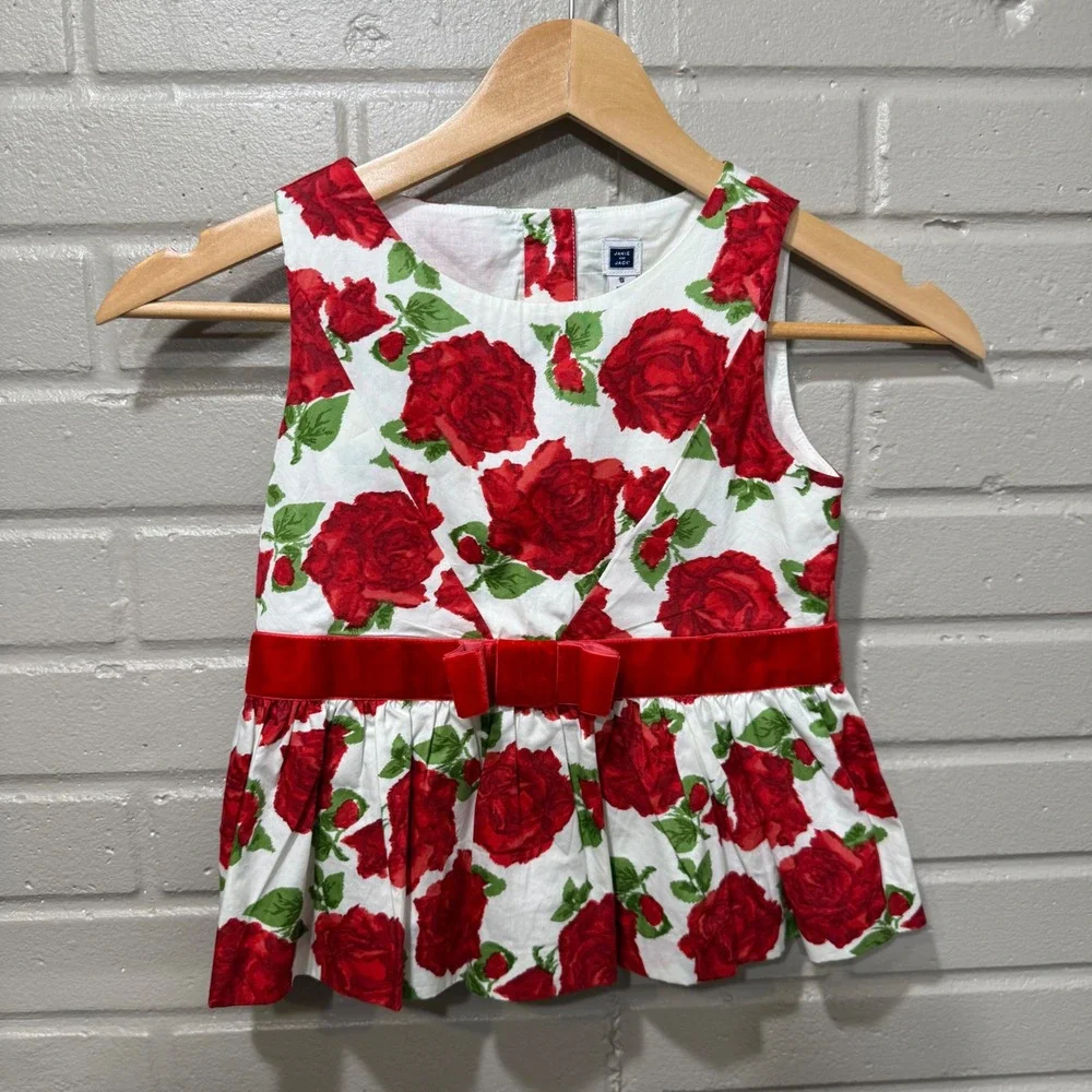Janie and Jack Peplum Top Velvet Bow Red Rose Floral Sz 5 Preppy Girly Whimsy